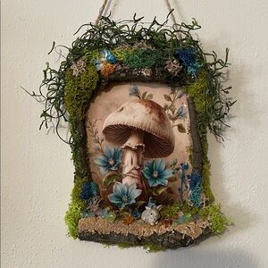 Rustic Mushroom handcrafted border Wall decor Blue Flowers bunny moss nature